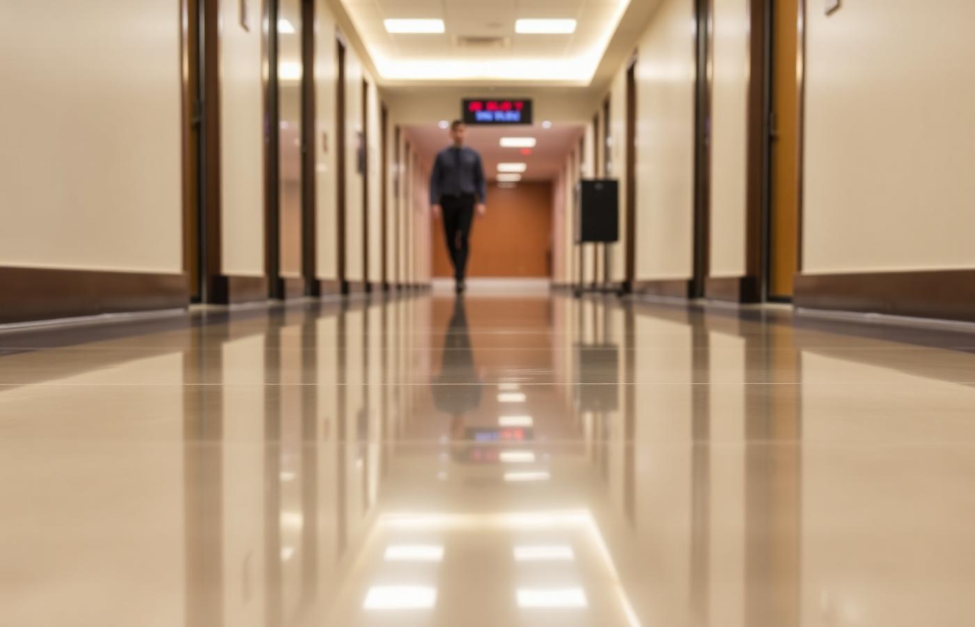 Freshly waxed vinyl floor in a commercial corridor