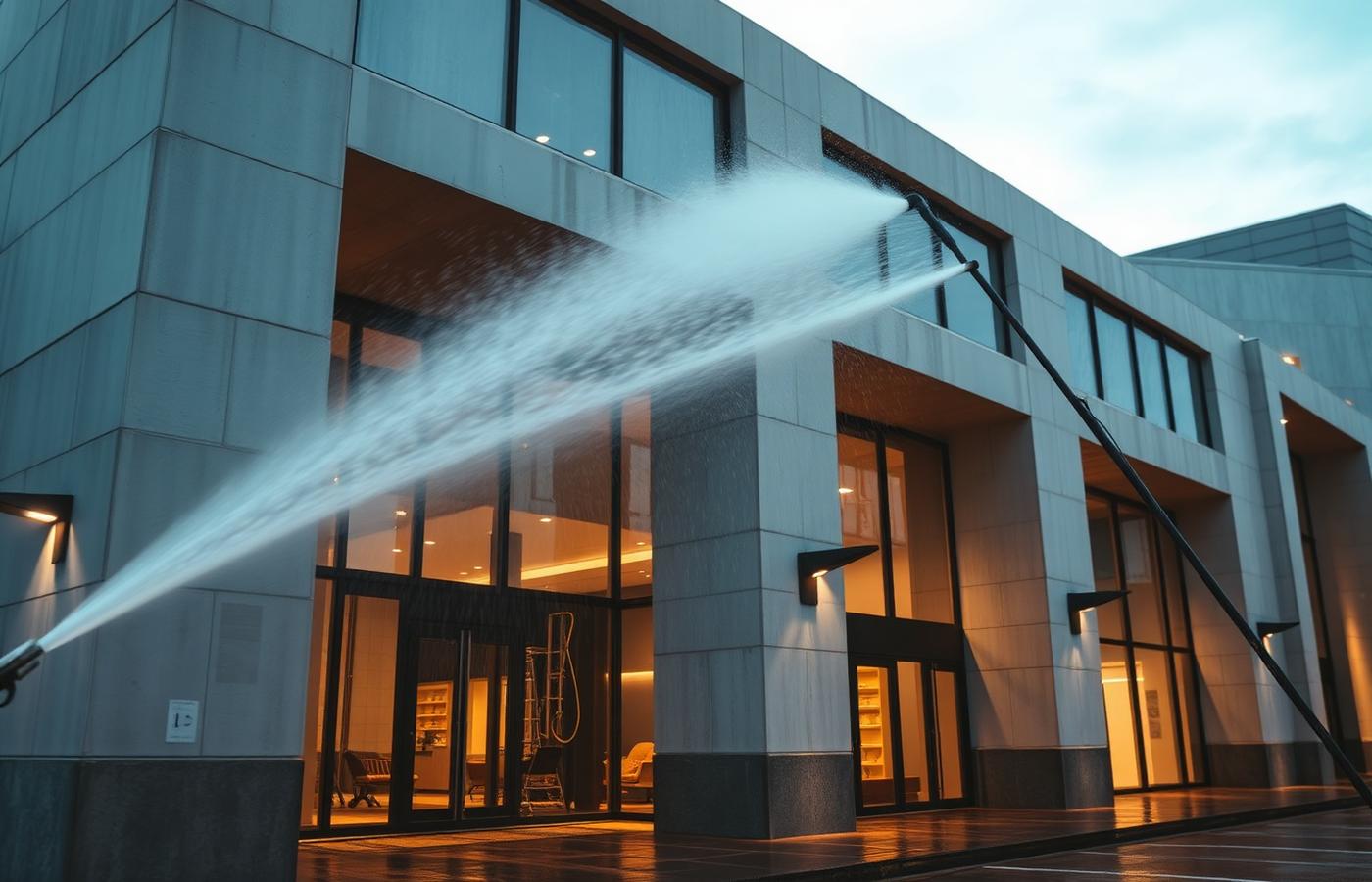Power washing a commercial building exterior